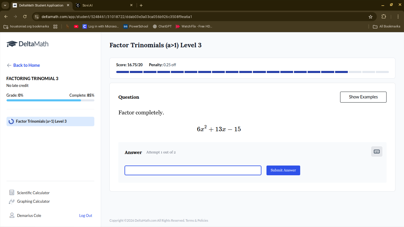 factor completely. $6x^2 + 13x - 15$