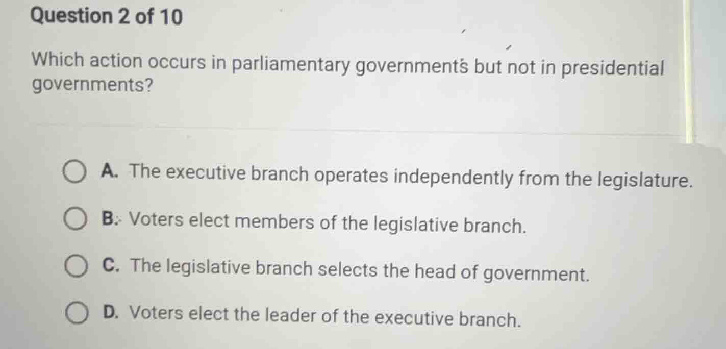 question 2 of 10 which action occurs in parliamentary governments but n…