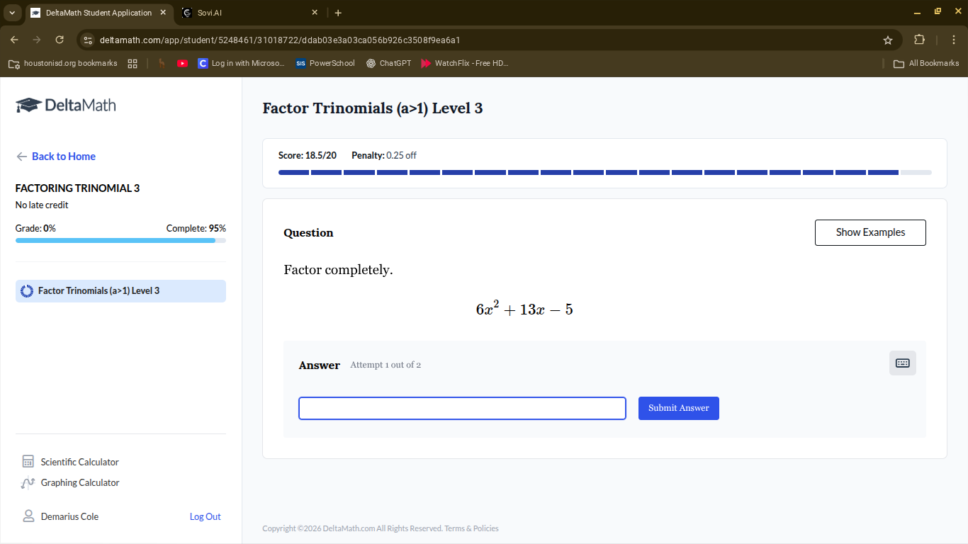 factor completely. $6x^2 + 13x - 5$