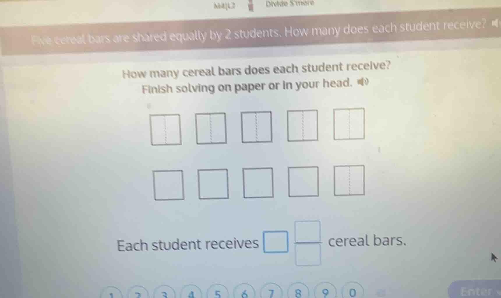 five cereal bars are shared equally by 2 students. how many does each s…