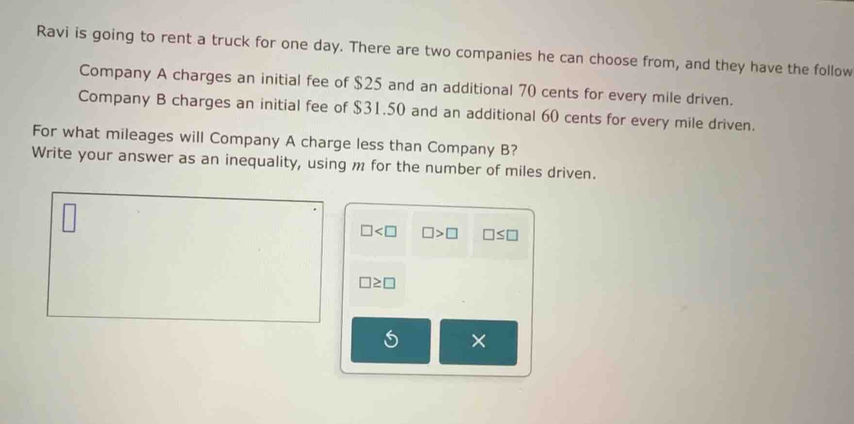 ravi is going to rent a truck for one day. there are two companies he c…
