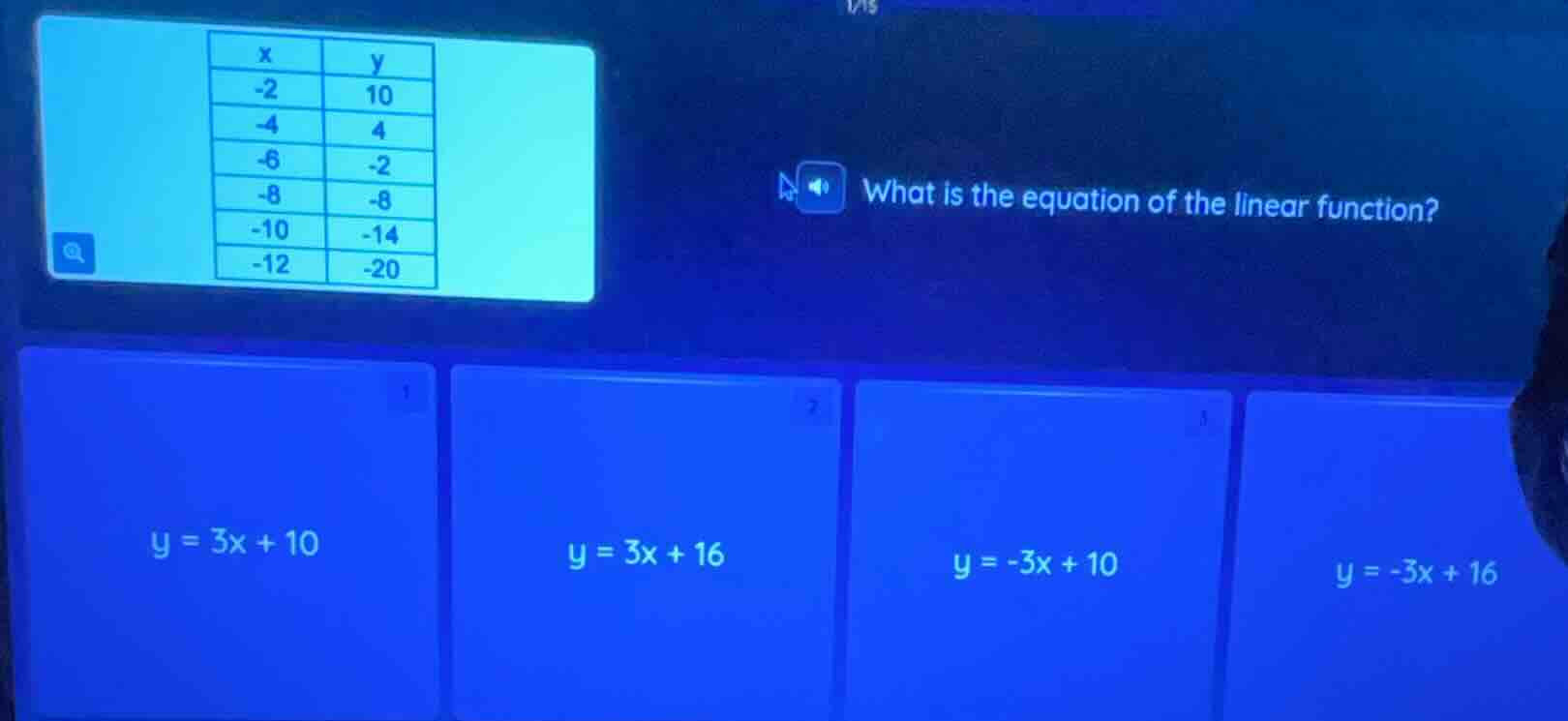x | y -2 | 10 -4 | 4 -6 | -2 -8 | -8 -10 | -14 -12 | -20 what is the eq…