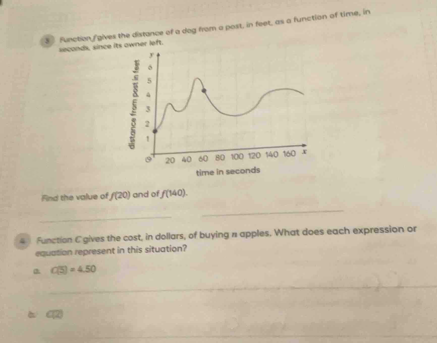 3 function f gives the distance of a dog from a post, in feet, as a fun…