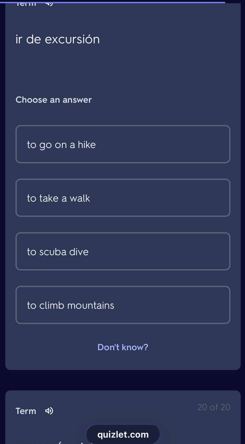 ir de excursión choose an answer to go on a hike to take a walk to scub…