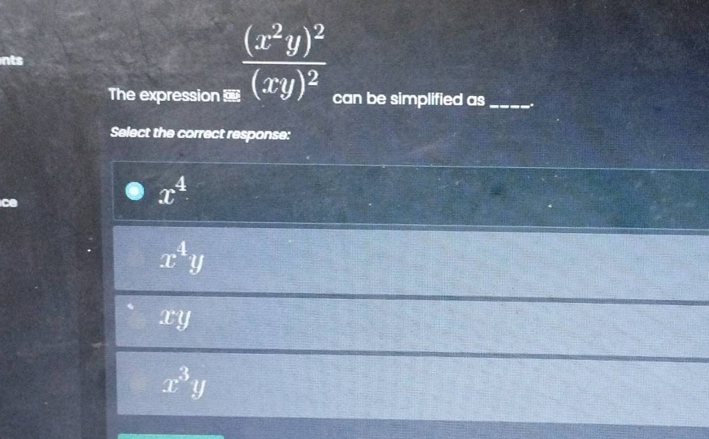 the expression \\(\frac{(x^2 y)^2}{(xy)^2}\\) can be simplified as ____…