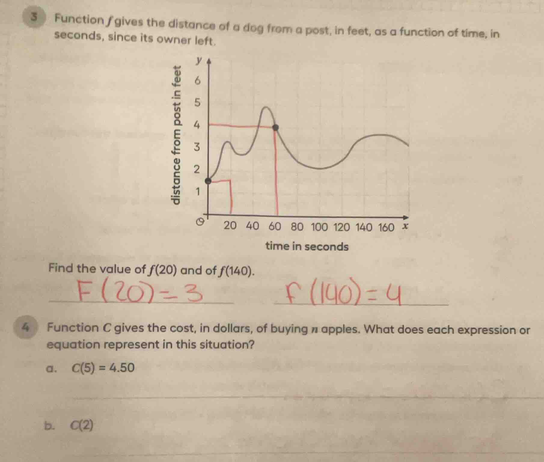 3 function f gives the distance of a dog from a post, in feet, as a fun…