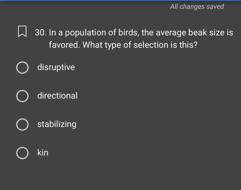 30. in a population of birds, the average beak size is favored. what ty…