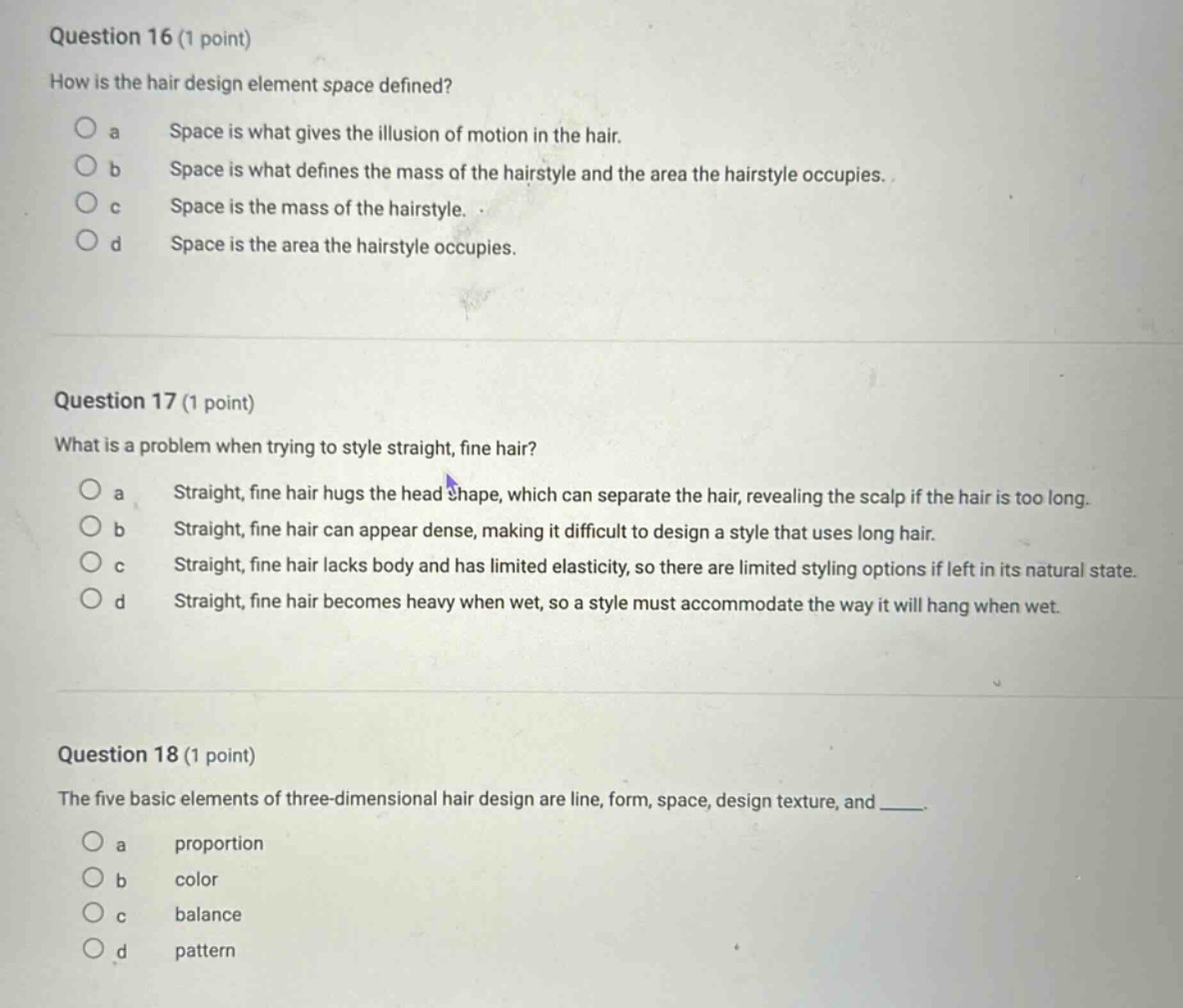 question 16 (1 point) how is the hair design element space defined? a s…
