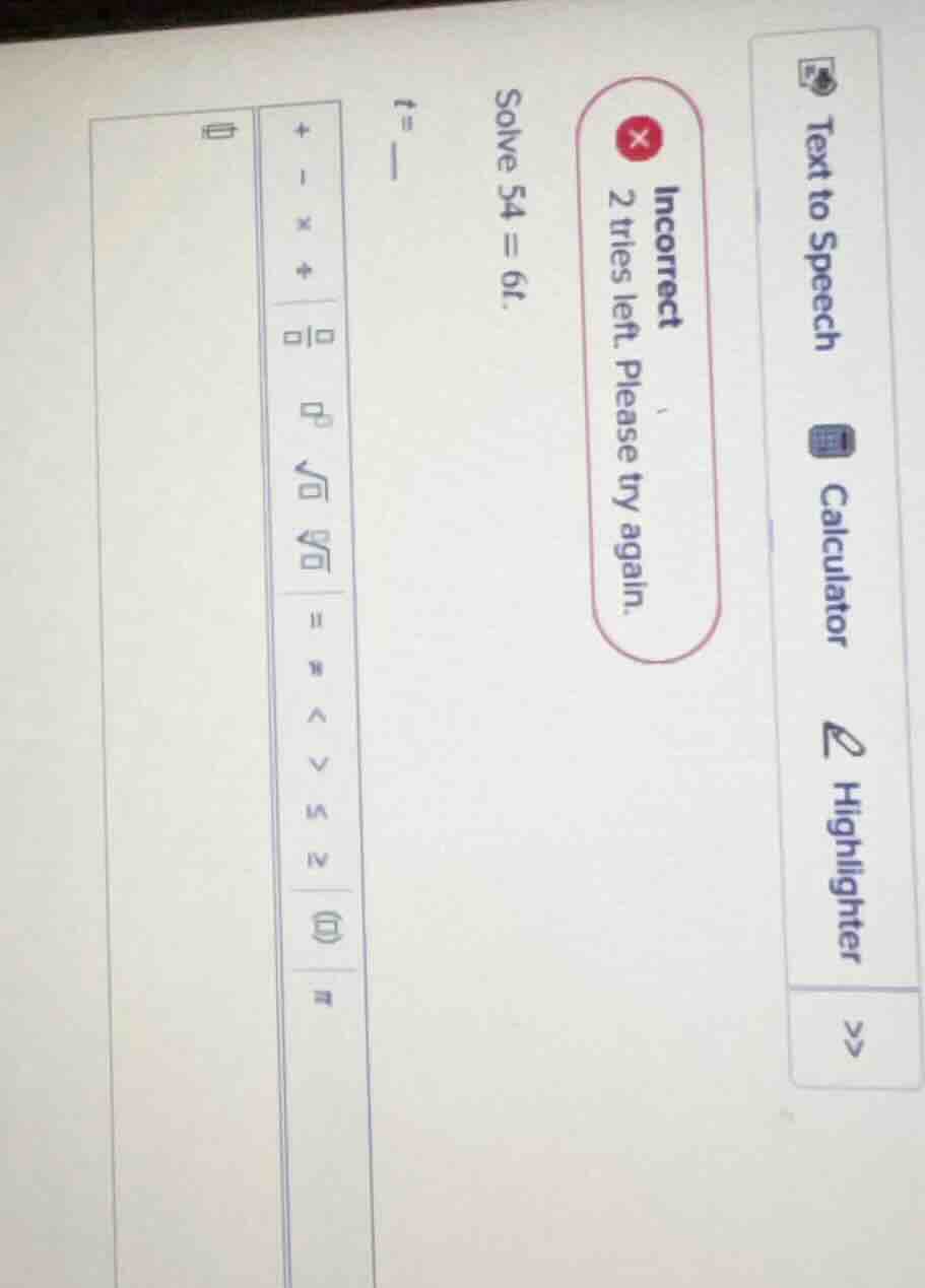 solve 54 = 6t. t = —