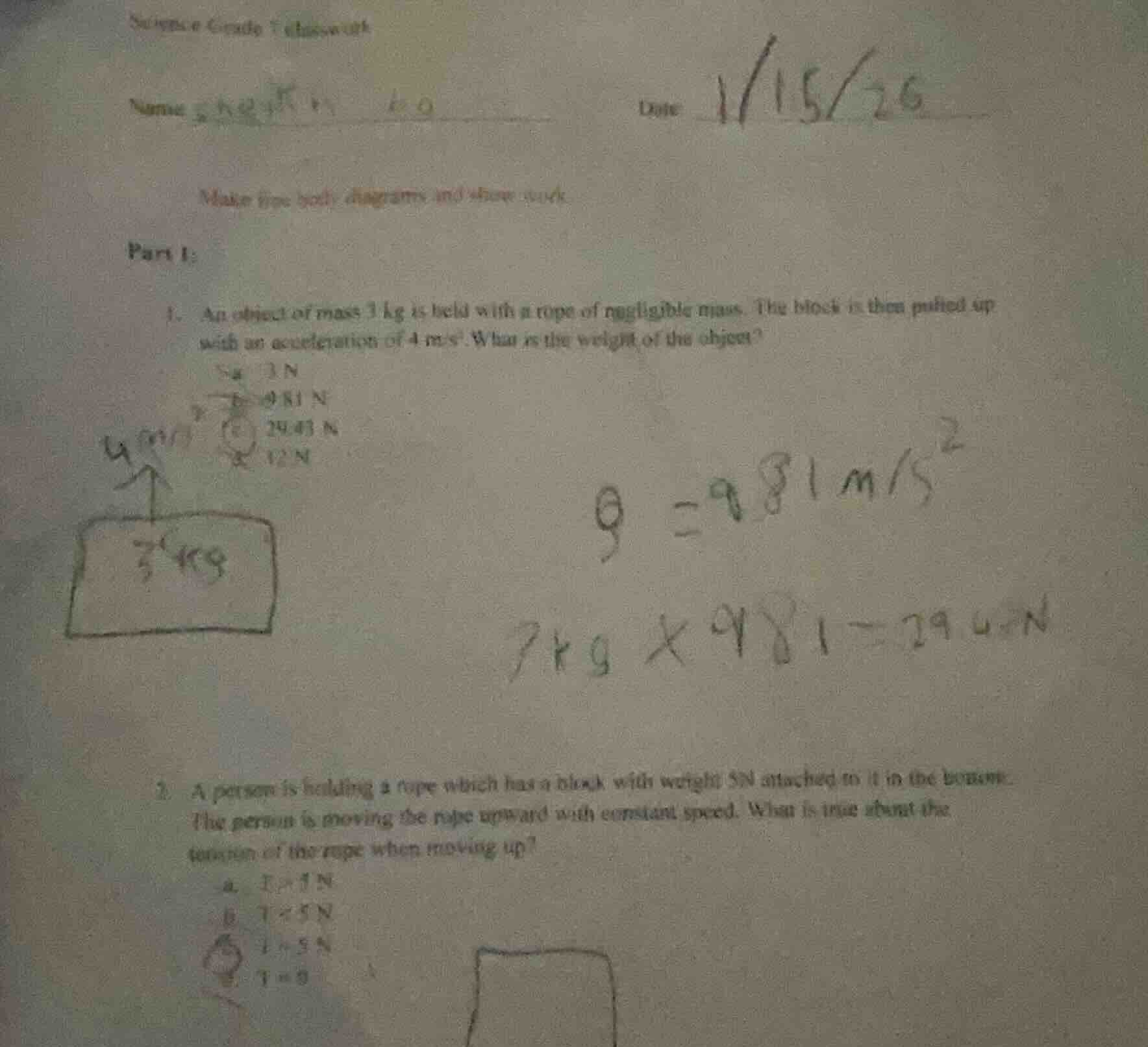 science grade 7 classwork name date 1/15/26 make free body diagrams and…