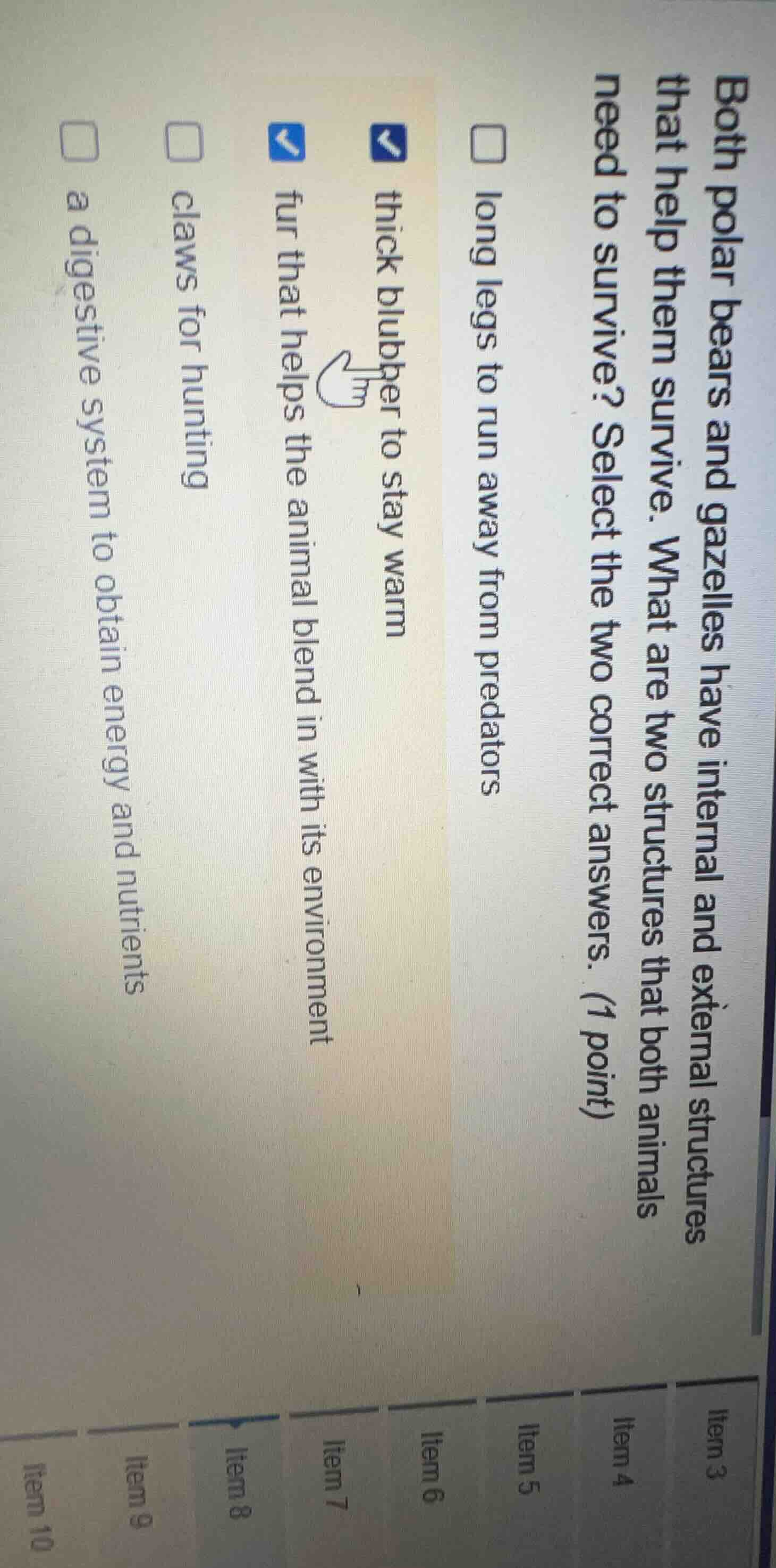 both polar bears and gazelles have internal and external structures tha…