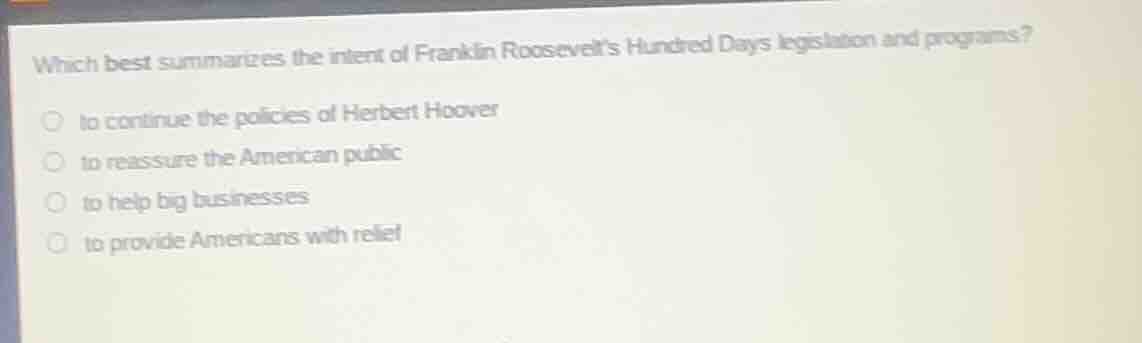 which best summarizes the intent of franklin roosevelts hundred days le…
