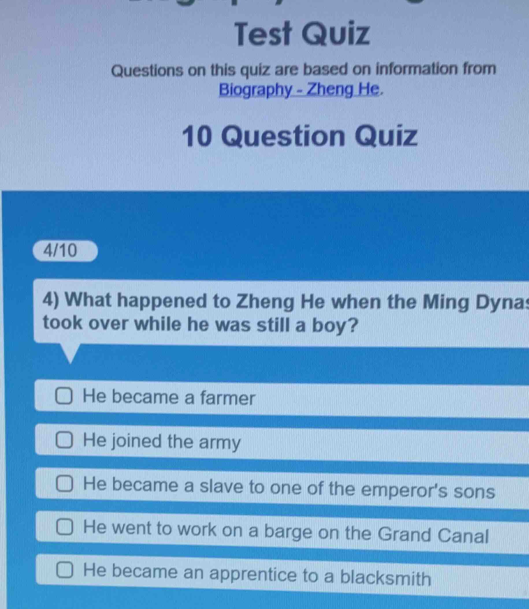 test quiz questions on this quiz are based on information from biograph…