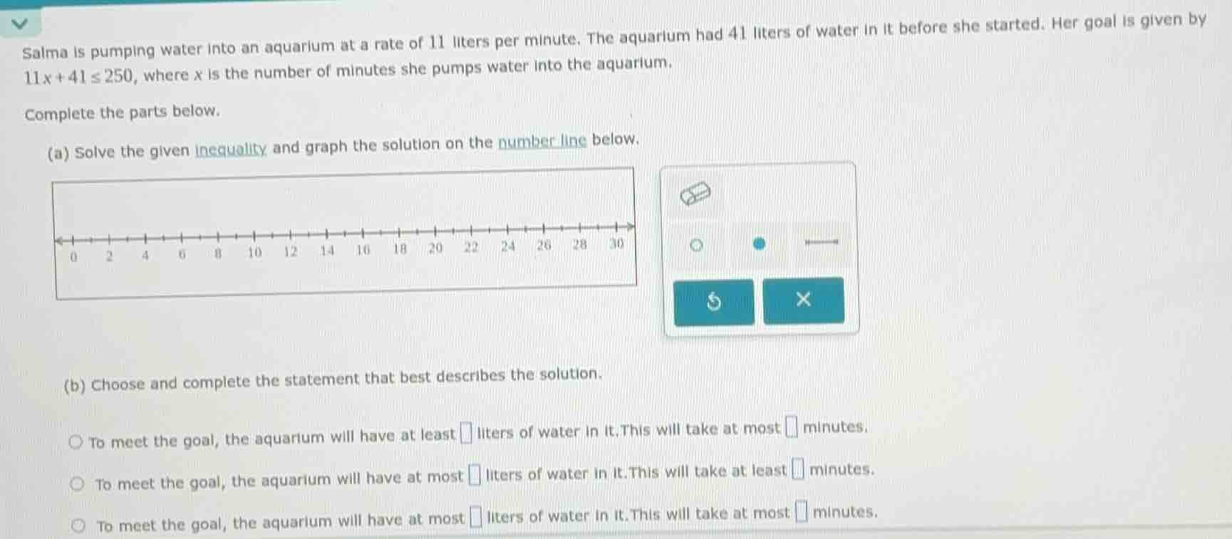salma is pumping water into an aquarium at a rate of 11 liters per minu…