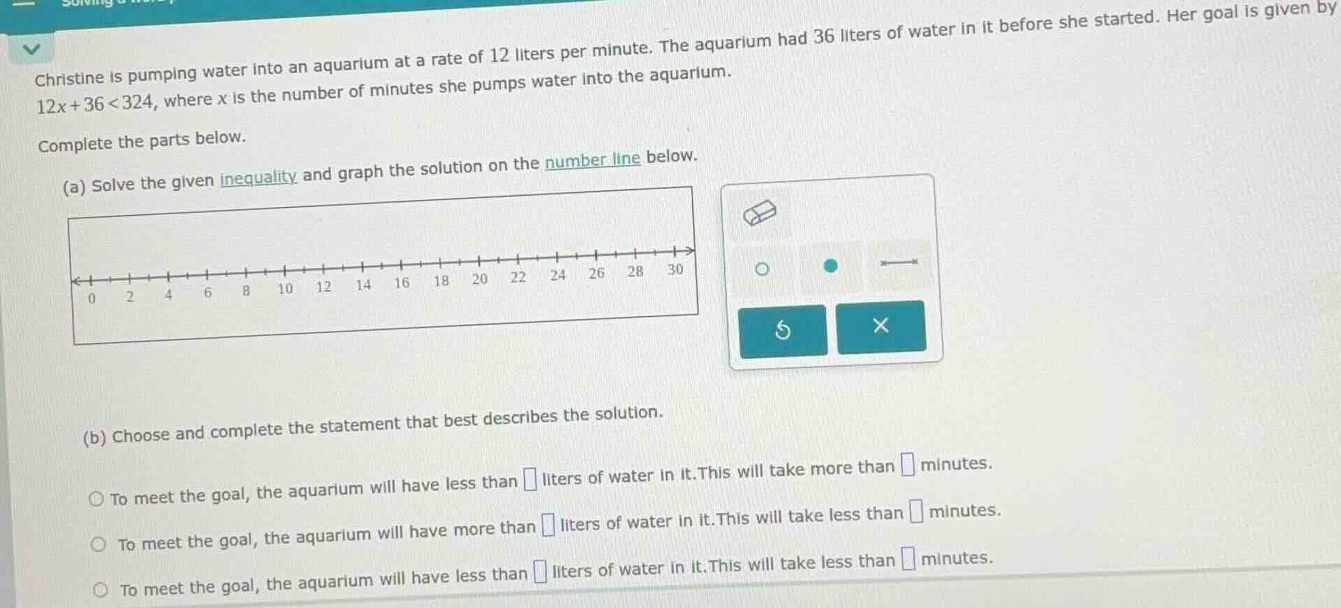 christine is pumping water into an aquarium at a rate of 12 liters per …