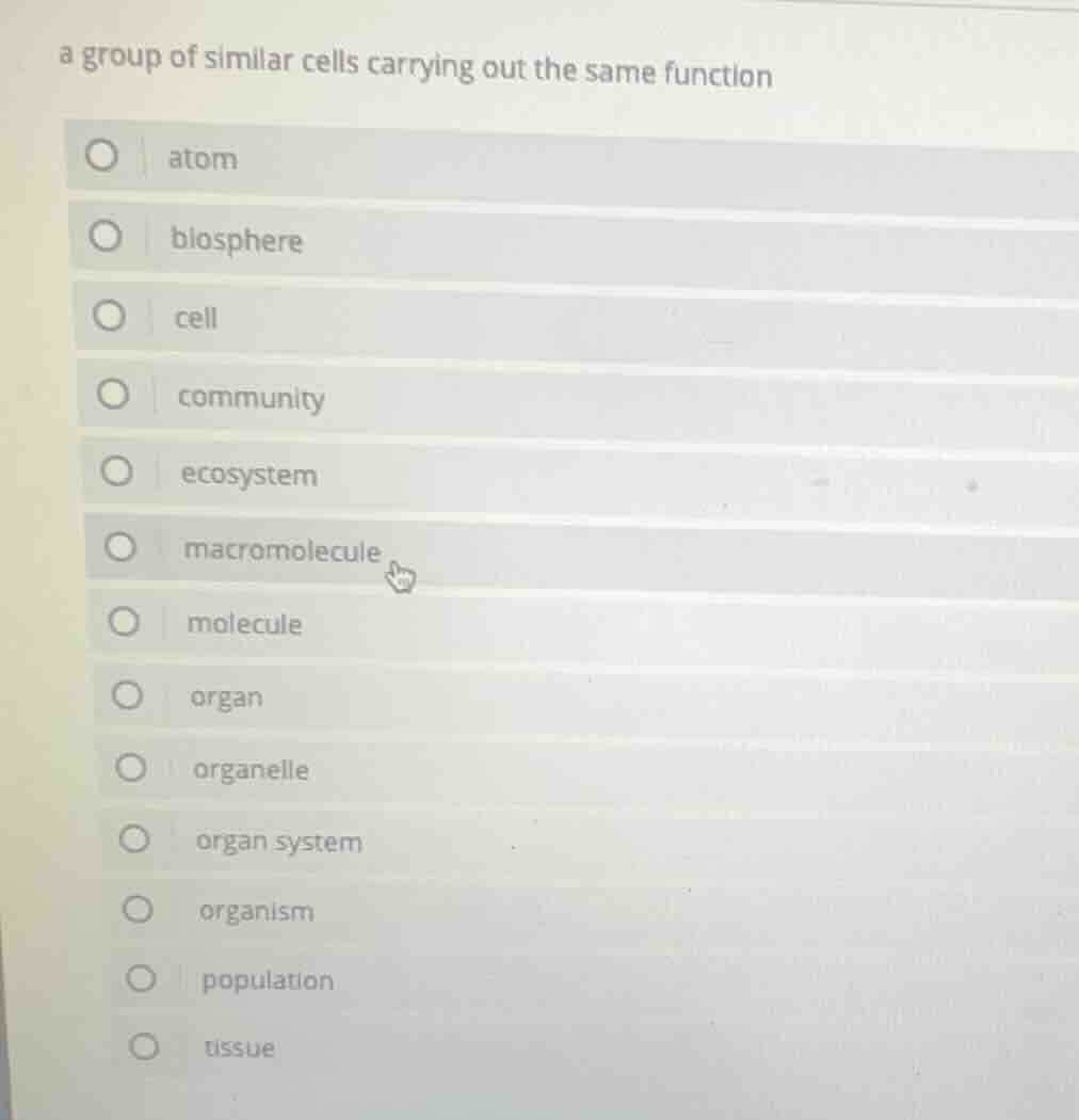 a group of similar cells carrying out the same function atom biosphere …