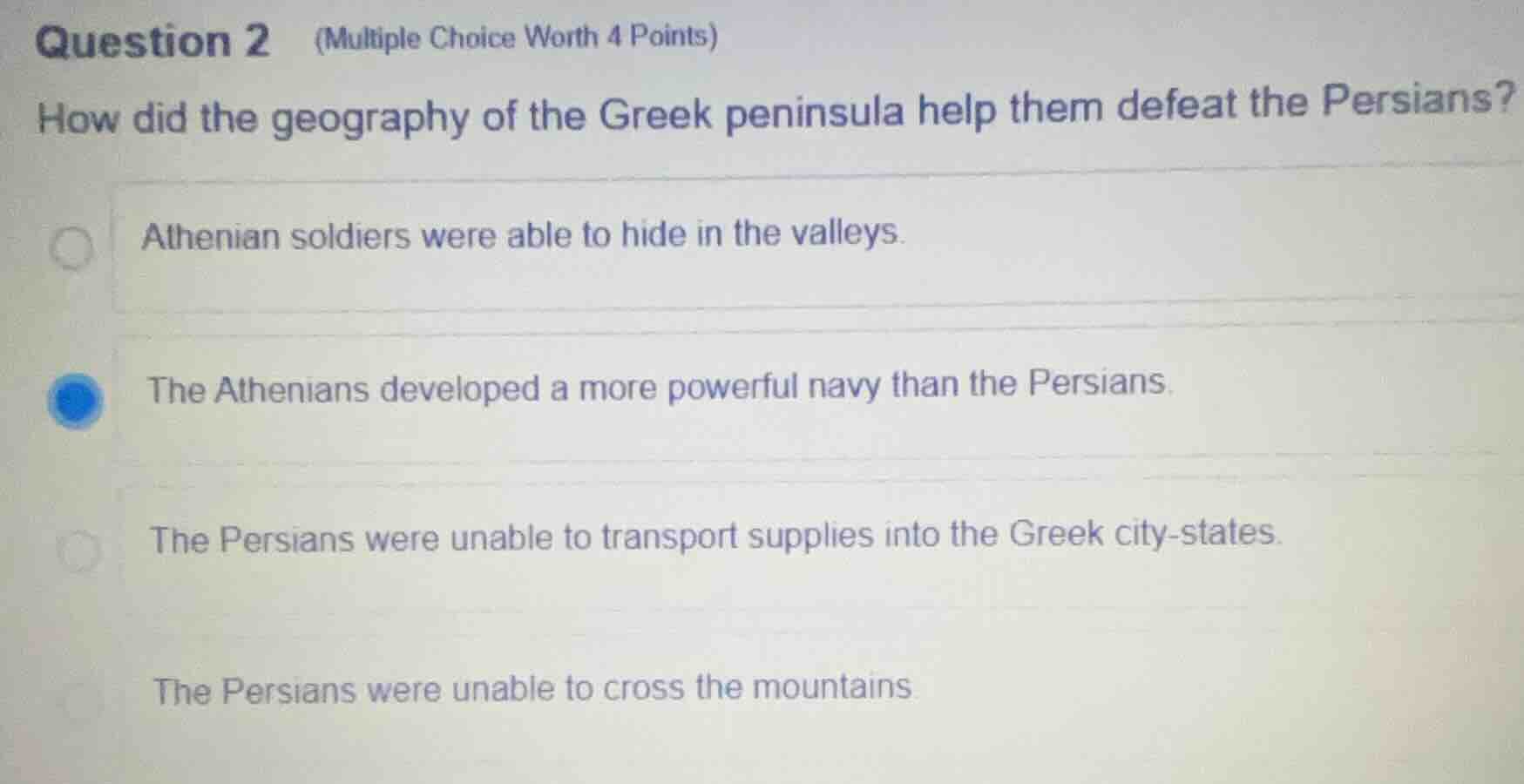 question 2 (multiple choice worth 4 points) how did the geography of th…
