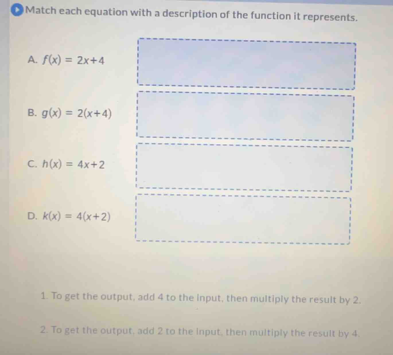 match each equation with a description of the function it represents. a…