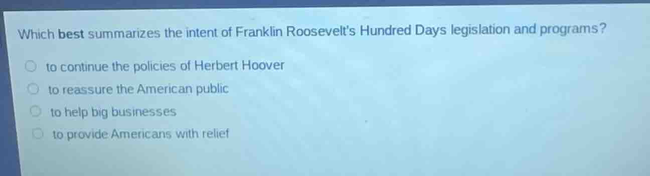 which best summarizes the intent of franklin roosevelts hundred days le…