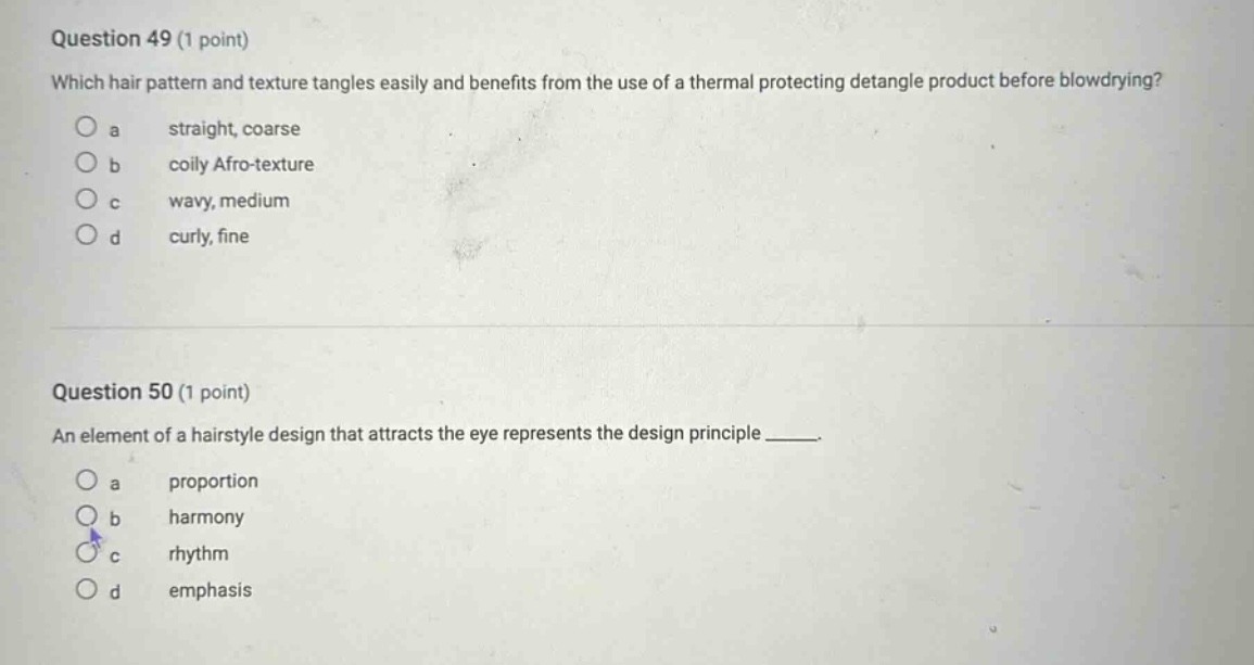 question 49 (1 point) which hair pattern and texture tangles easily and…