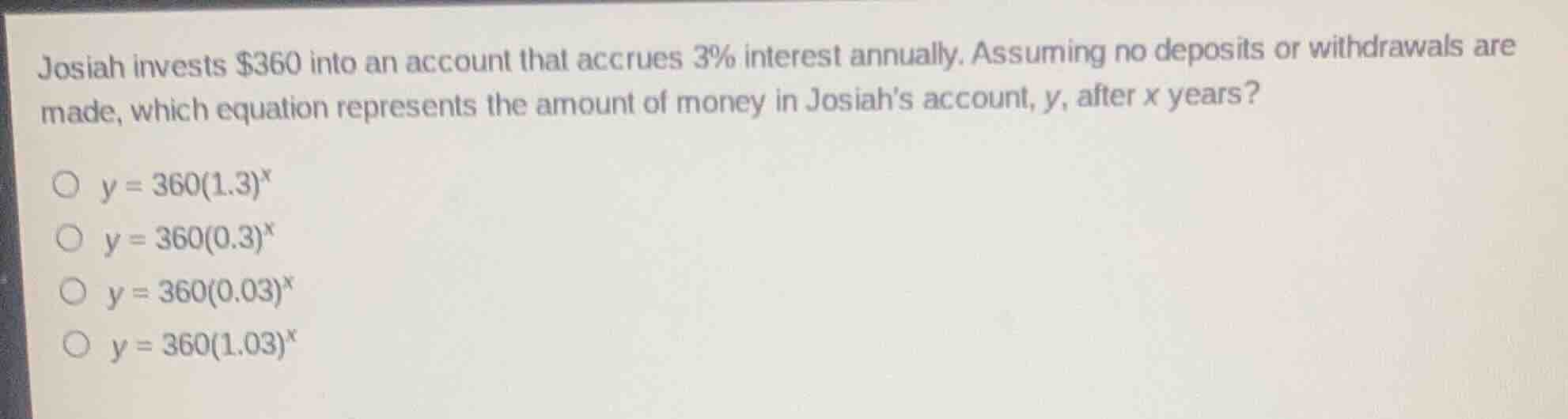 josiah invests $360 into an account that accrues 3% interest annually. …