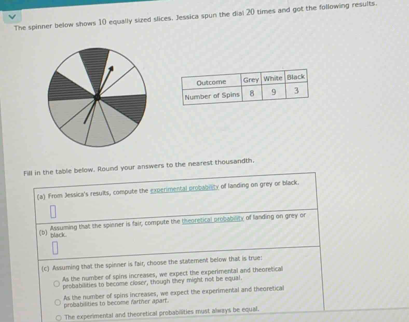 the spinner below shows 10 equally sized slices. jessica spun the dial …