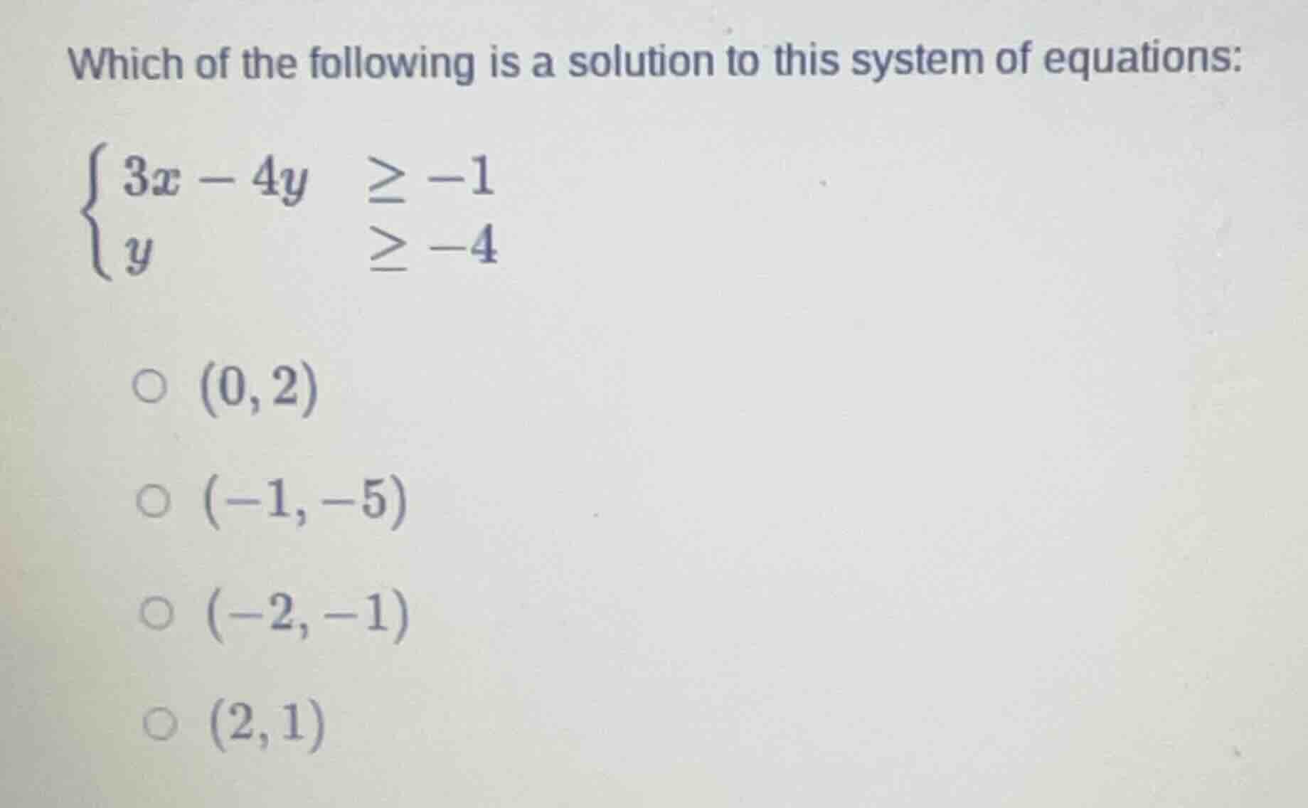 which of the following is a solution to this system of equations: \\beg…