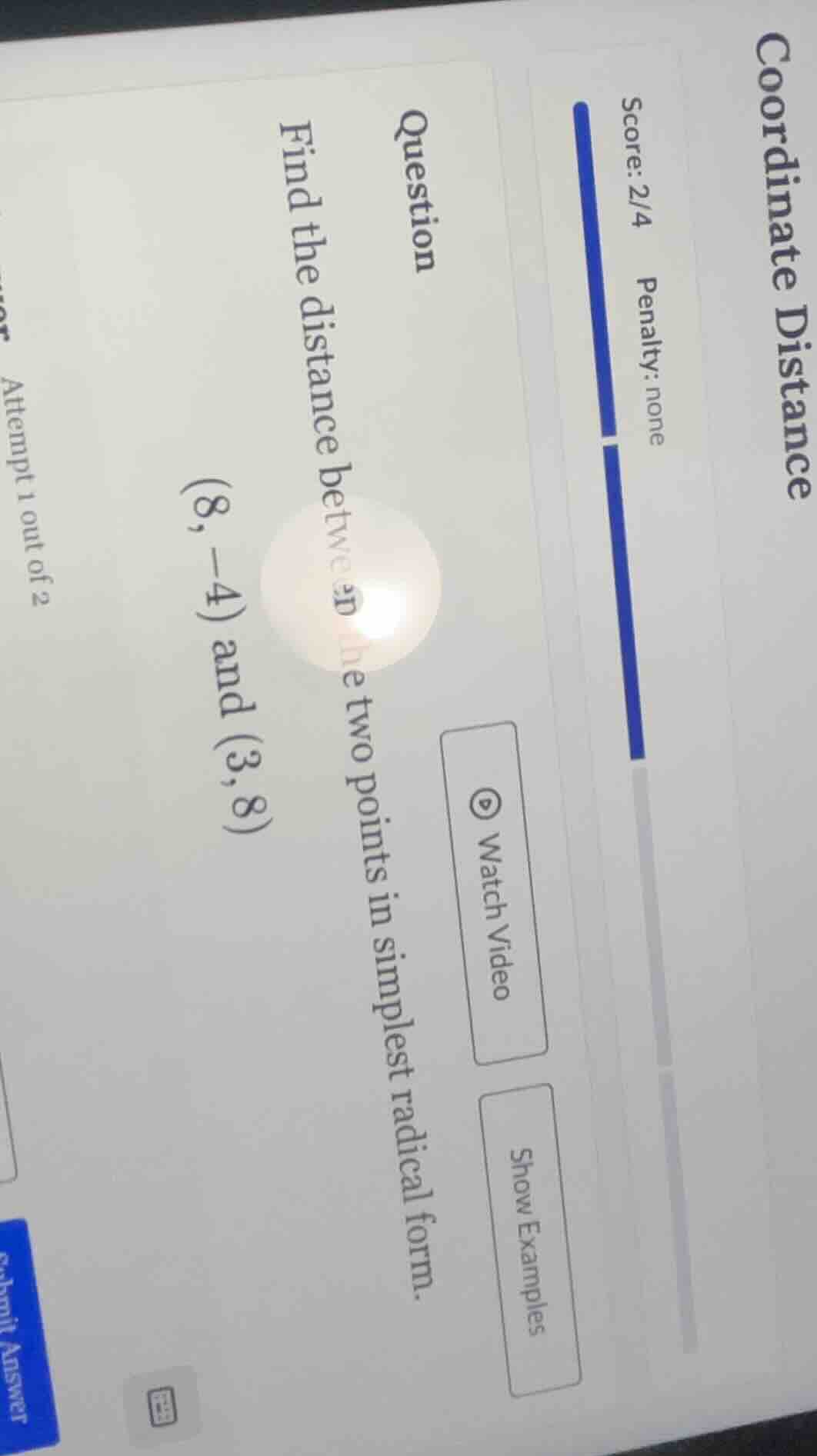 question find the distance between the two points in simplest radical f…