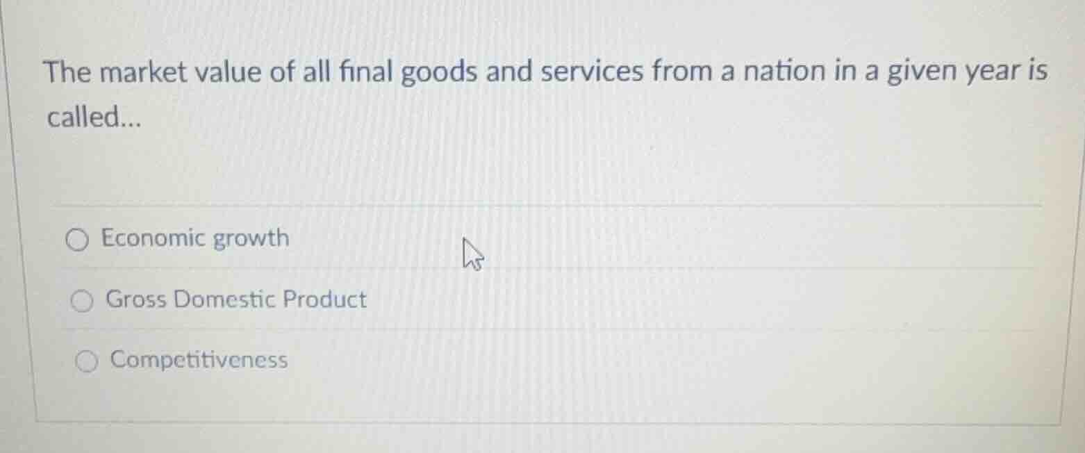 the market value of all final goods and services from a nation in a giv…
