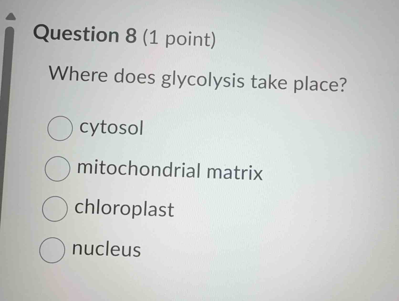 question 8 (1 point) where does glycolysis take place? cytosol mitochon…