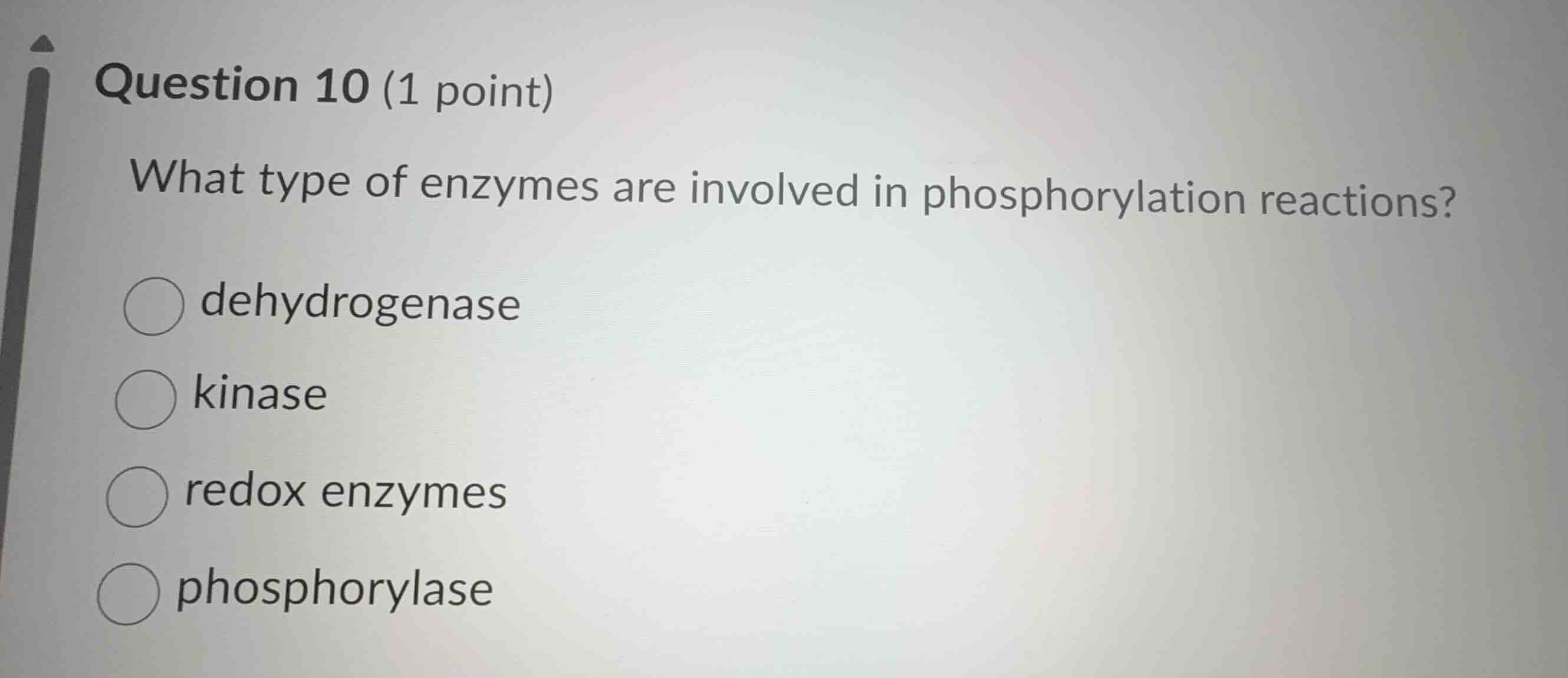 question 10 (1 point) what type of enzymes are involved in phosphorylat…