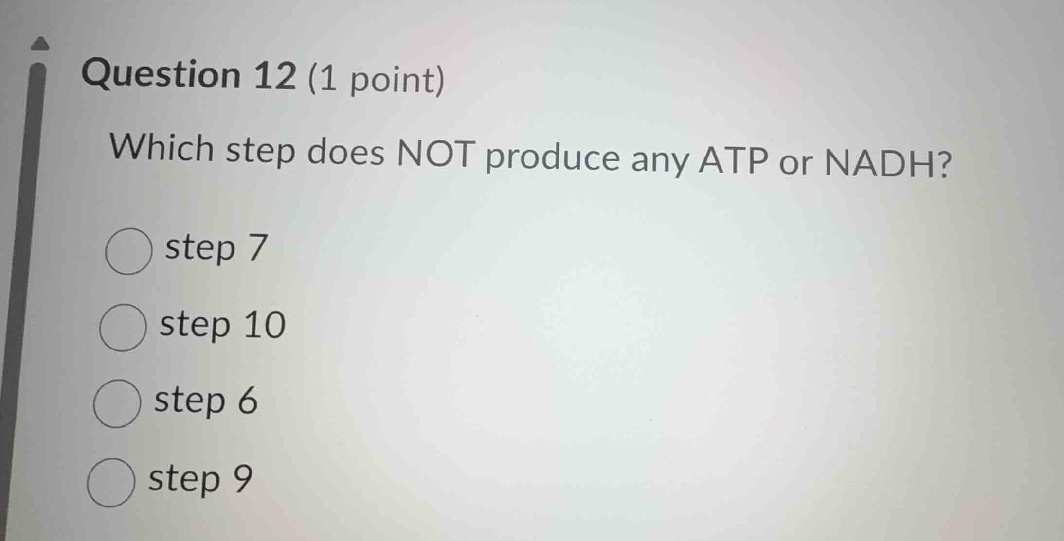 question 12 (1 point) which step does not produce any atp or nadh? ○ st…