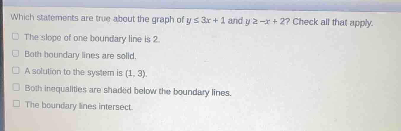 which statements are true about the graph of $y \\leq 3x + 1$ and $y \\…