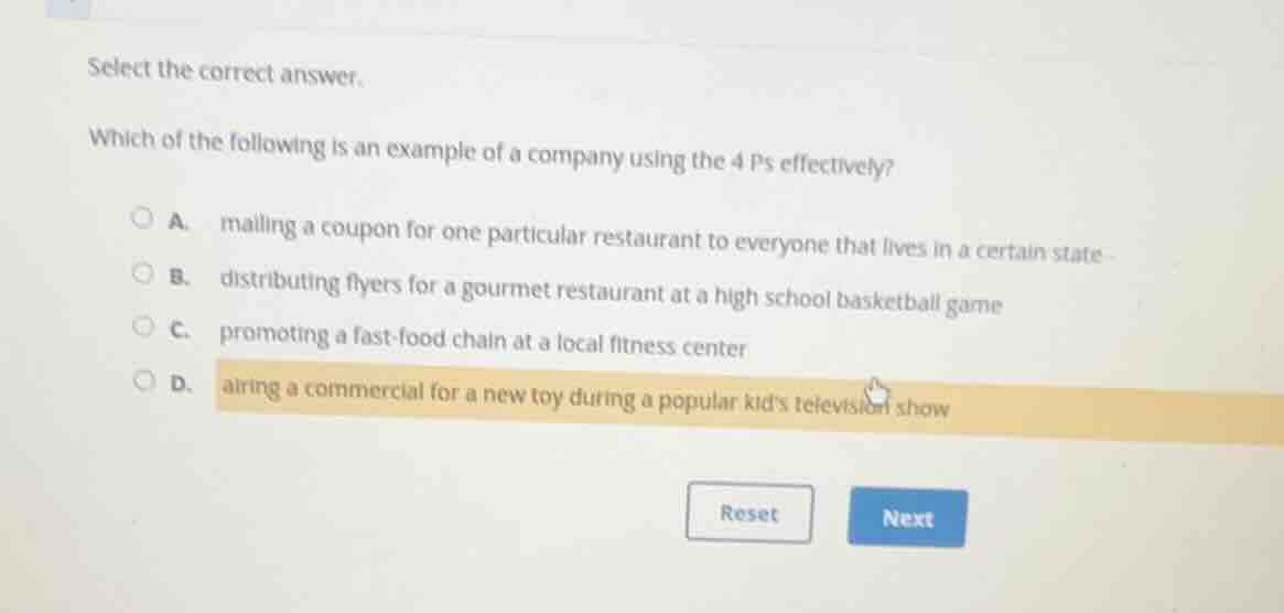 select the correct answer. which of the following is an example of a co…