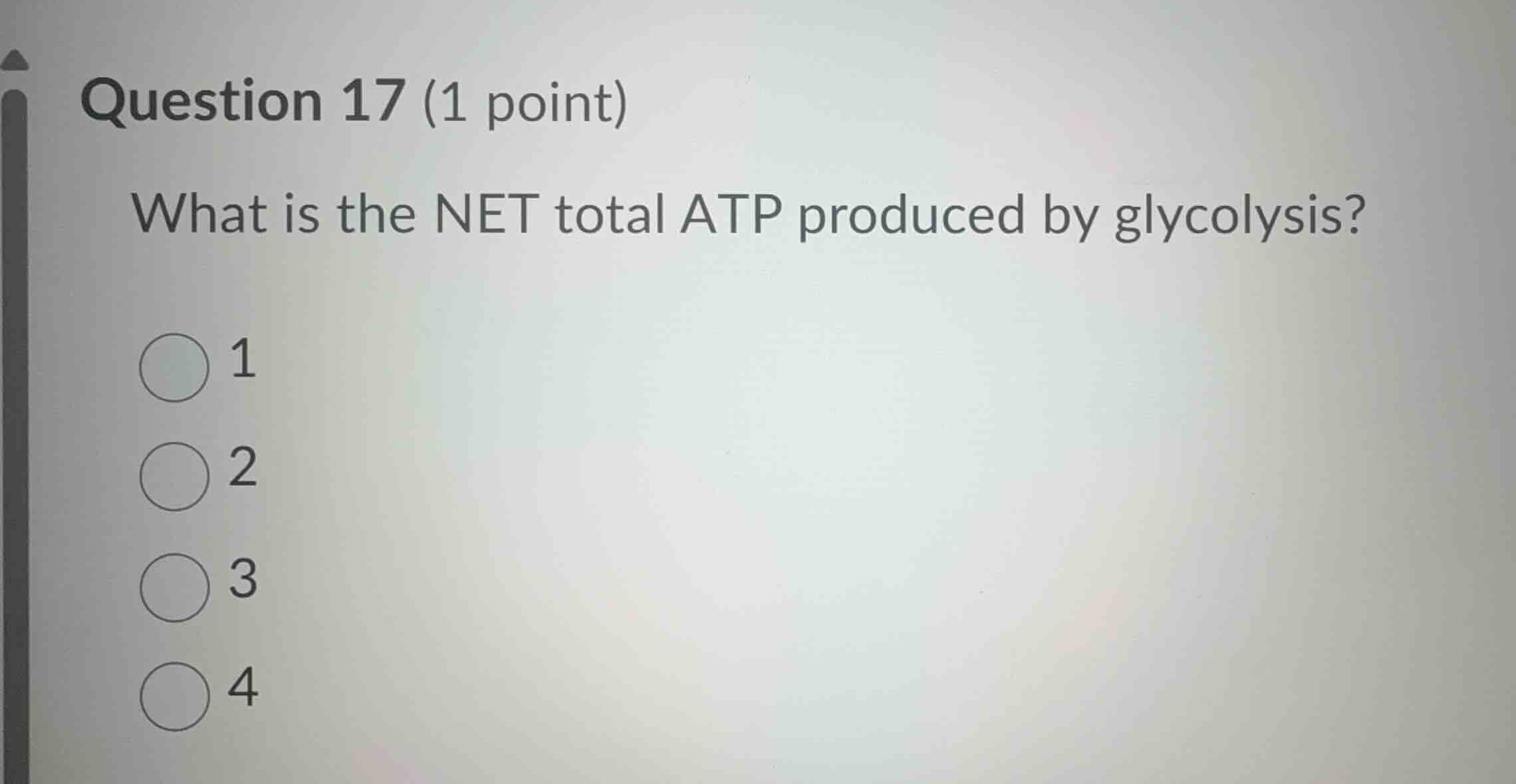 question 17 (1 point) what is the net total atp produced by glycolysis?…