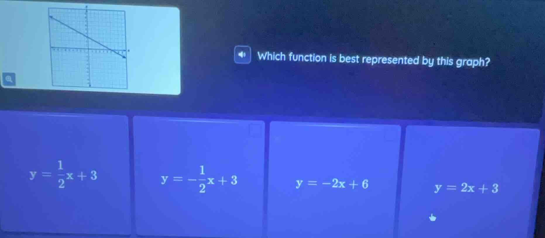 which function is best represented by this graph? y = \\frac{1}{2}x + 3…