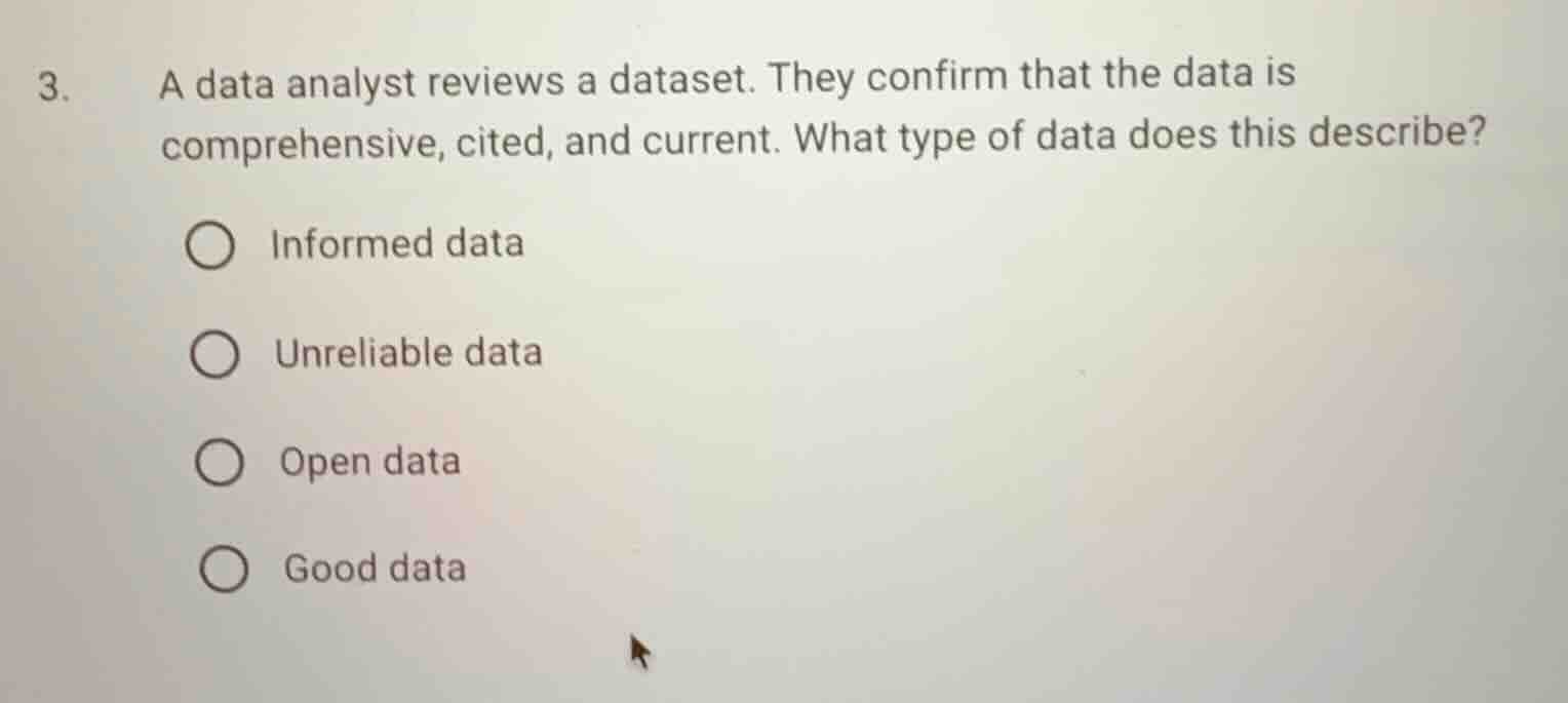 3. a data analyst reviews a dataset. they confirm that the data is comp…