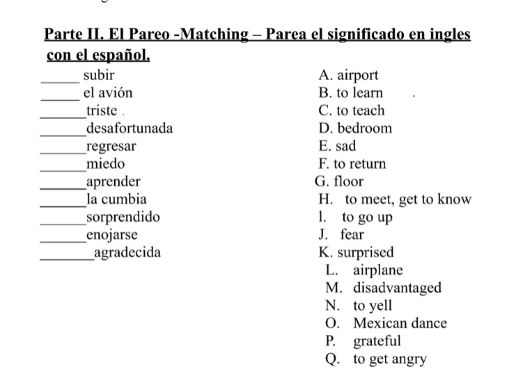 parte ii. el pareo -matching – parea el significado en ingles con el es…