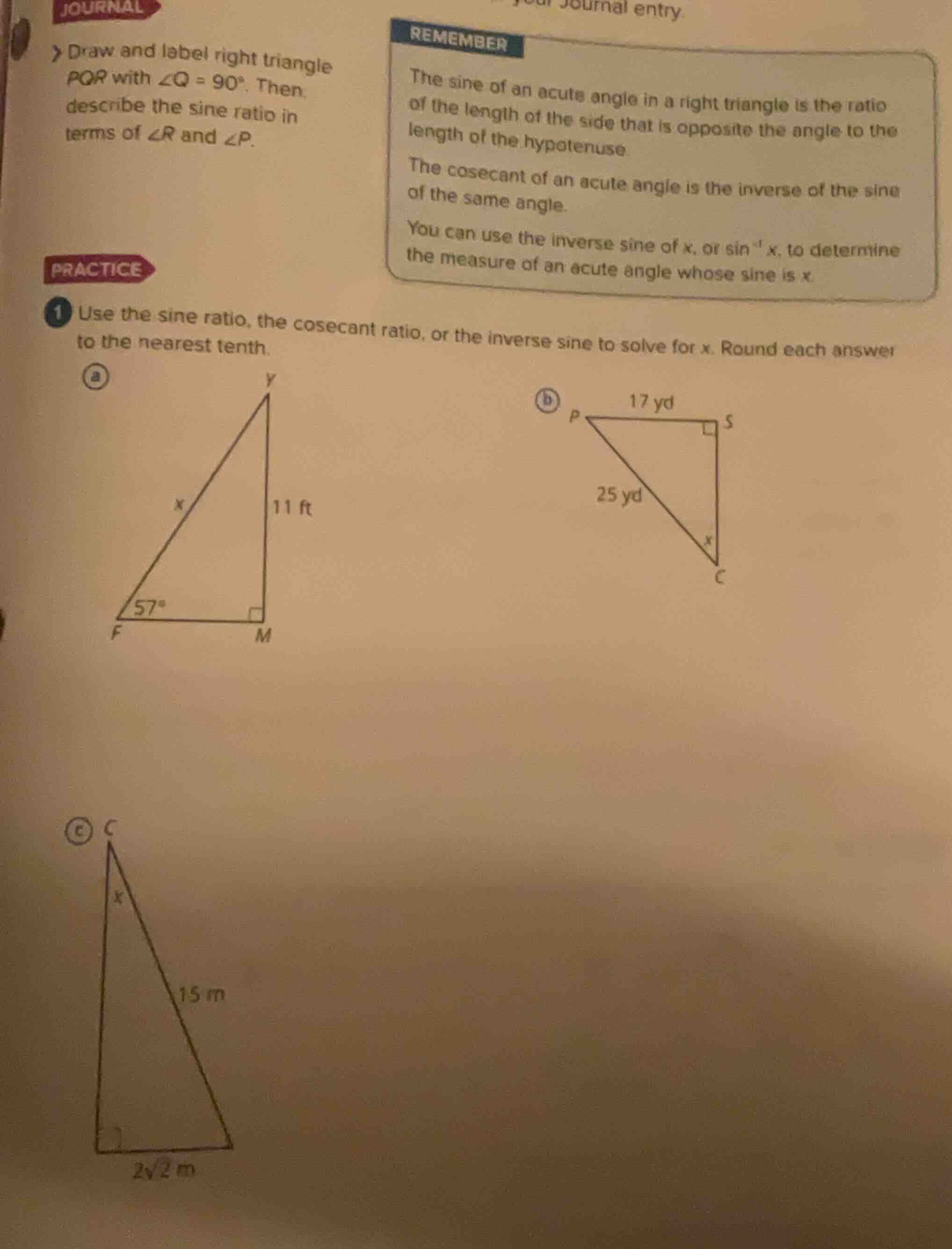 journal draw and label right triangle pqr with ∠q = 90°. then, describe…