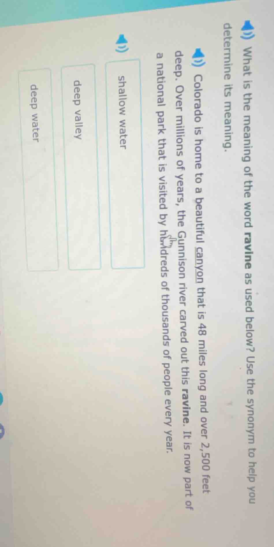 what is the meaning of the word ravine as used below? use the synonym t…