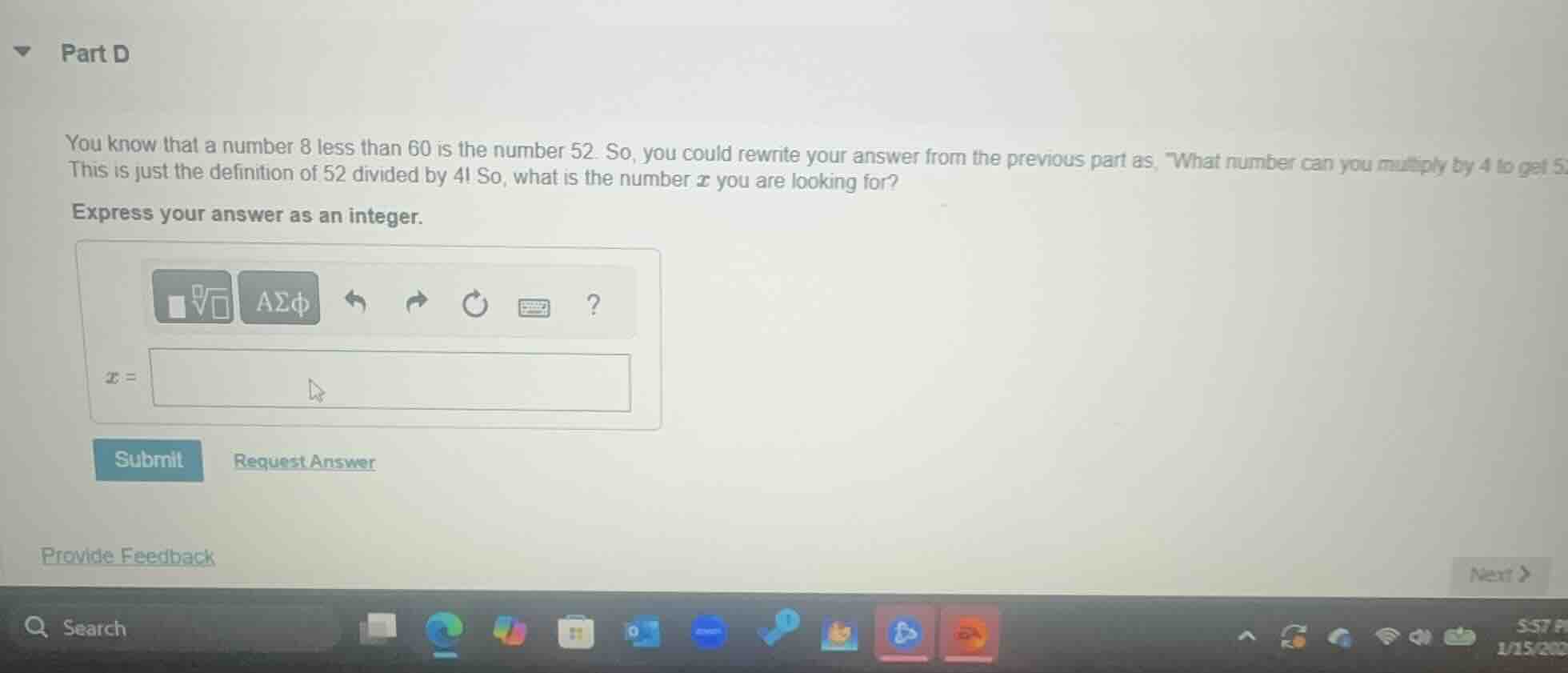 part d you know that a number 8 less than 60 is the number 52. so, you …