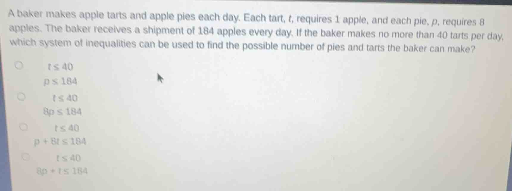 a baker makes apple tarts and apple pies each day. each tart, t, requir…