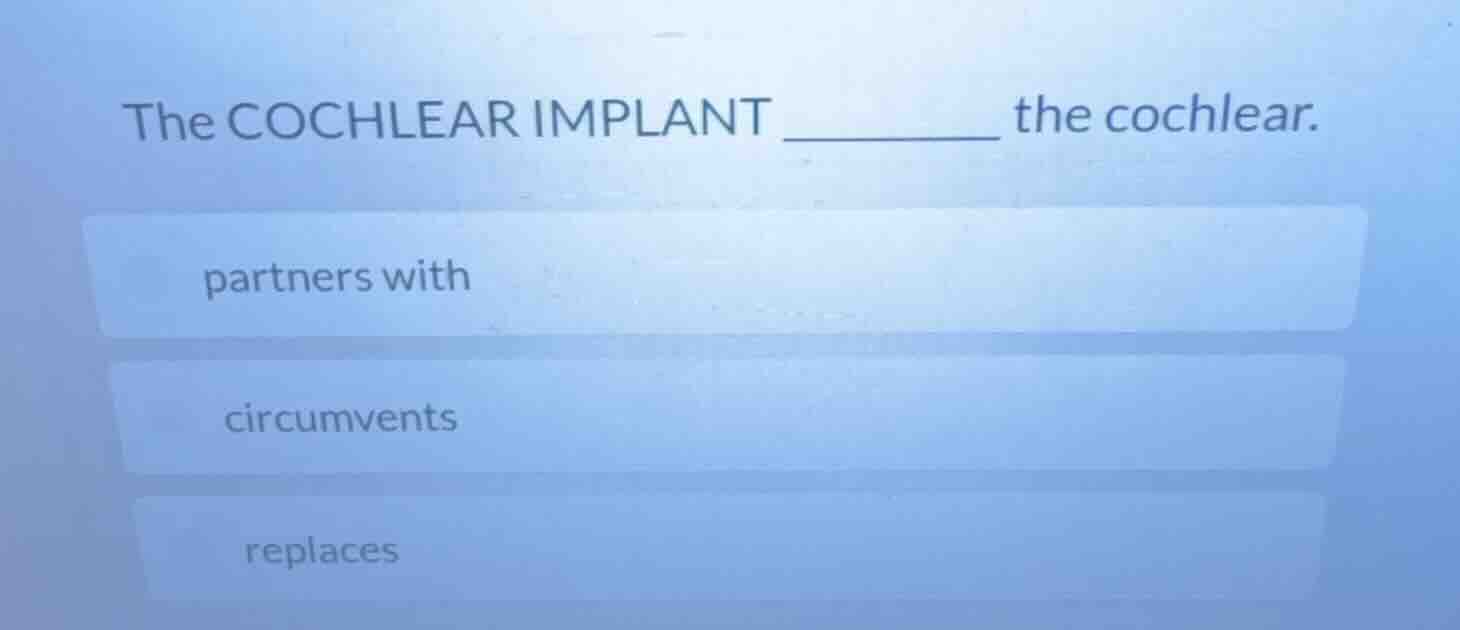 the cochlear implant ______ the cochlear. partners with circumvents rep…