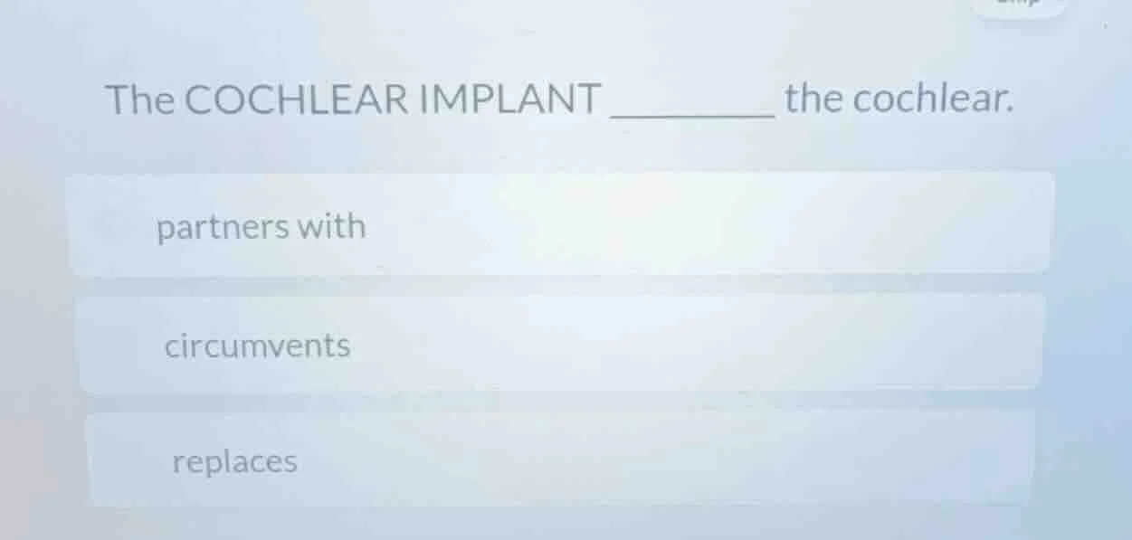 the cochlear implant ______ the cochlear. partners with circumvents rep…