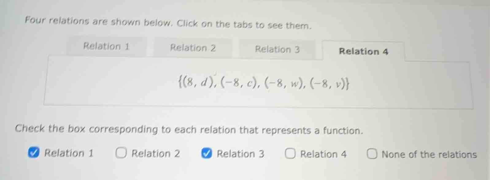 four relations are shown below. click on the tabs to see them. relation…