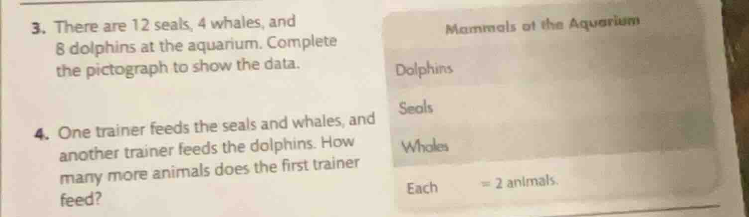 3. there are 12 seals, 4 whales, and 8 dolphins at the aquarium. comple…