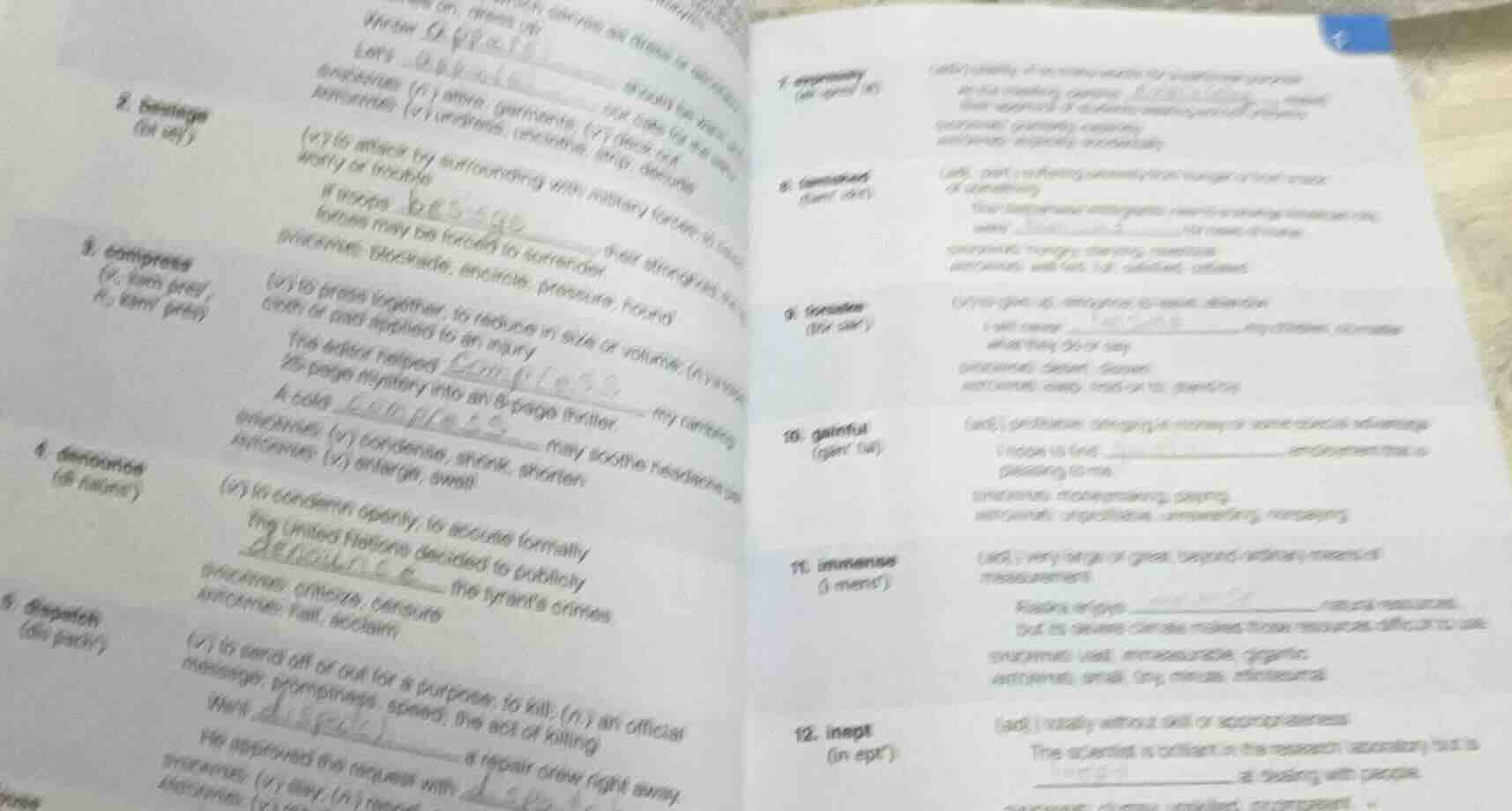 the image shows a vocabulary worksheet with words like besiege, compres…