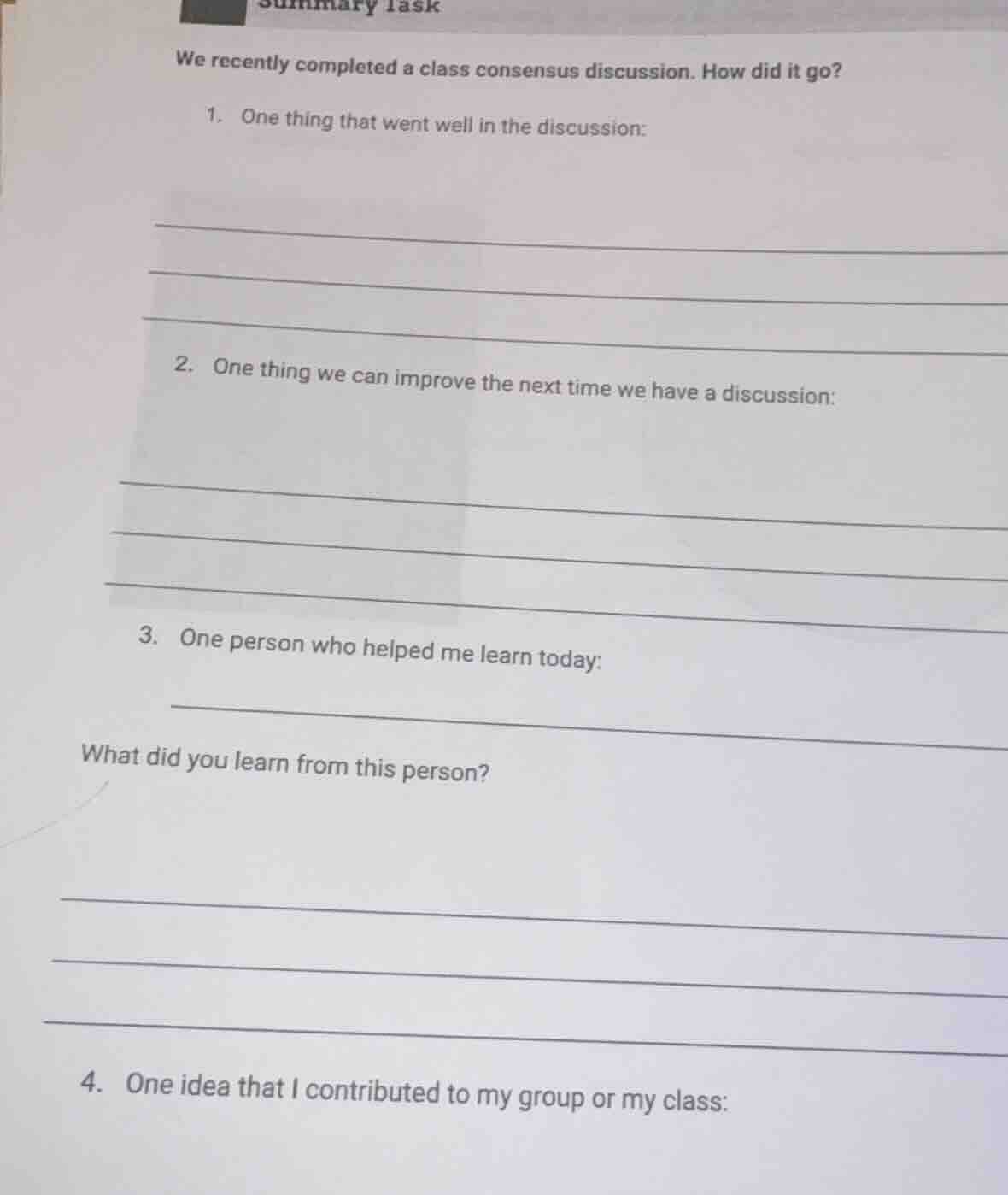 summary task we recently completed a class consensus discussion. how di…