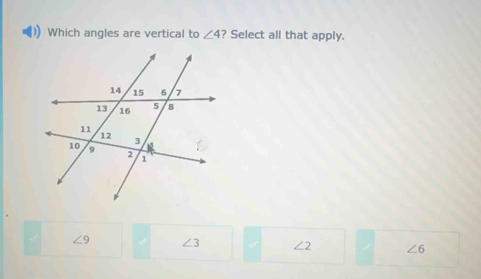 which angles are vertical to \\(\\angle 4\\)? select all that apply. im…