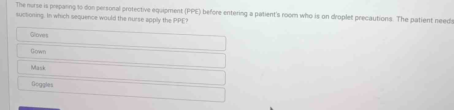 the nurse is preparing to don personal protective equipment (ppe) befor…